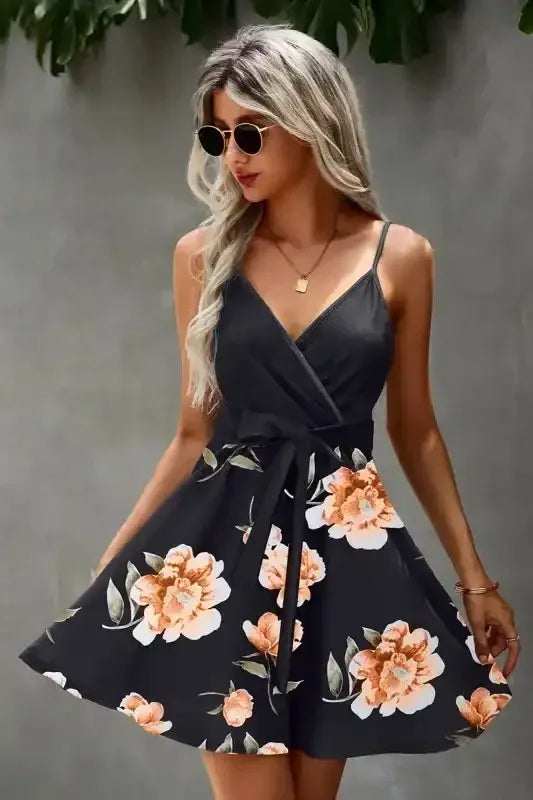 Floral V Neck Spaghetti Strap Belted Cami Dress - Whatever You Like Shop