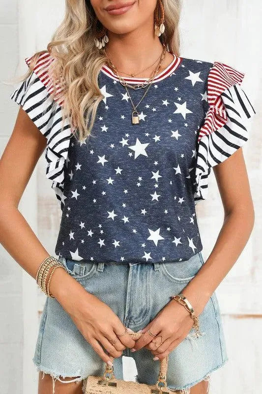 Flag Stripe Ruffle Sleeve Star Shirt USA - Whatever You Like Shop