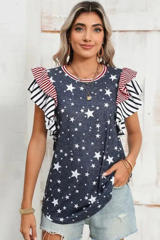 Flag Stripe Ruffle Sleeve Star Shirt USA - Whatever You Like Shop