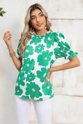 Floral Puff Sleeve Frill Neckline Blouse - Whatever You Like Shop