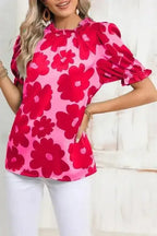 Floral Puff Sleeve Frill Neckline Blouse - Whatever You Like Shop