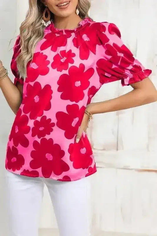 Floral Puff Sleeve Frill Neckline Blouse - Whatever You Like Shop