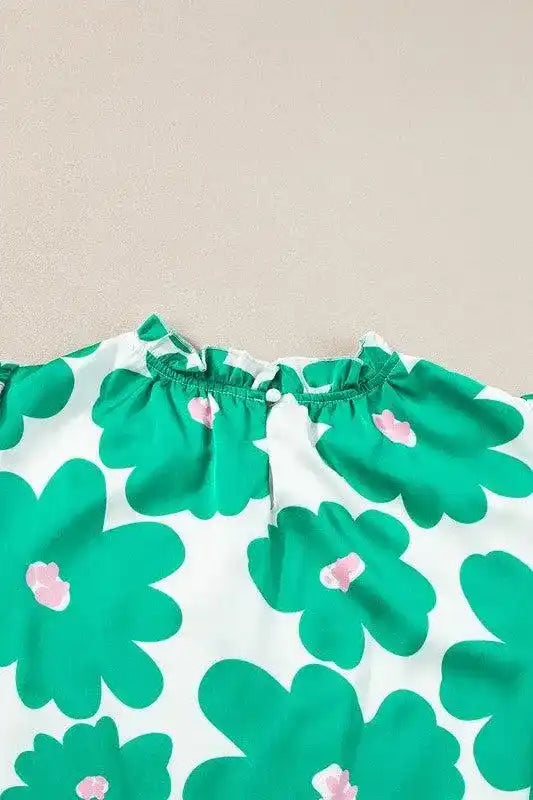 Floral Puff Sleeve Frill Neckline Blouse - Whatever You Like Shop