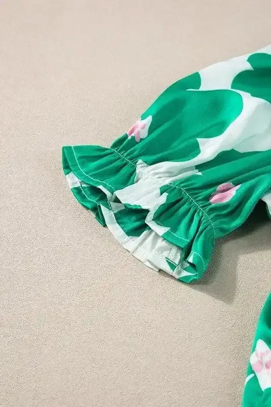 Floral Puff Sleeve Frill Neckline Blouse - Whatever You Like Shop