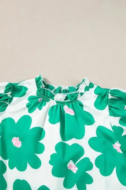 Floral Puff Sleeve Frill Neckline Blouse - Whatever You Like Shop