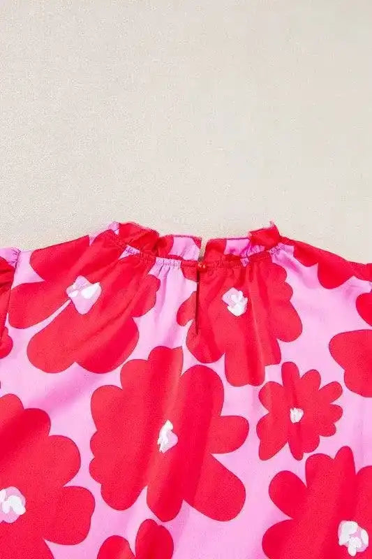 Floral Puff Sleeve Frill Neckline Blouse - Whatever You Like Shop