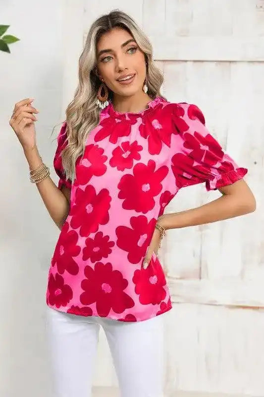 Floral Puff Sleeve Frill Neckline Blouse - Whatever You Like Shop