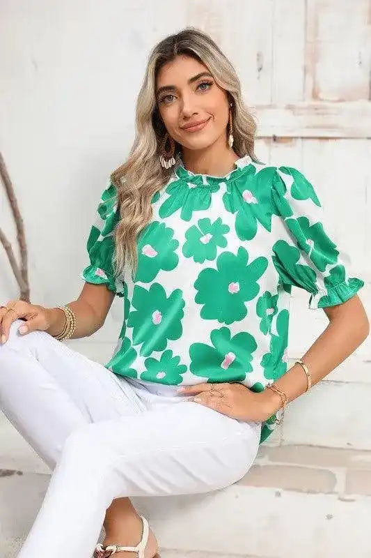 Floral Puff Sleeve Frill Neckline Blouse - Whatever You Like Shop