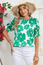 Floral Puff Sleeve Frill Neckline Blouse - Whatever You Like Shop