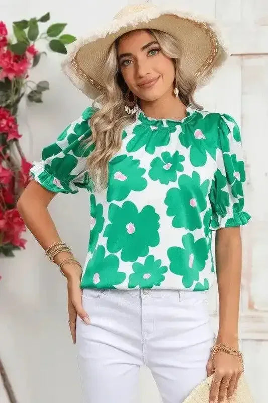Floral Puff Sleeve Frill Neckline Blouse - Whatever You Like Shop