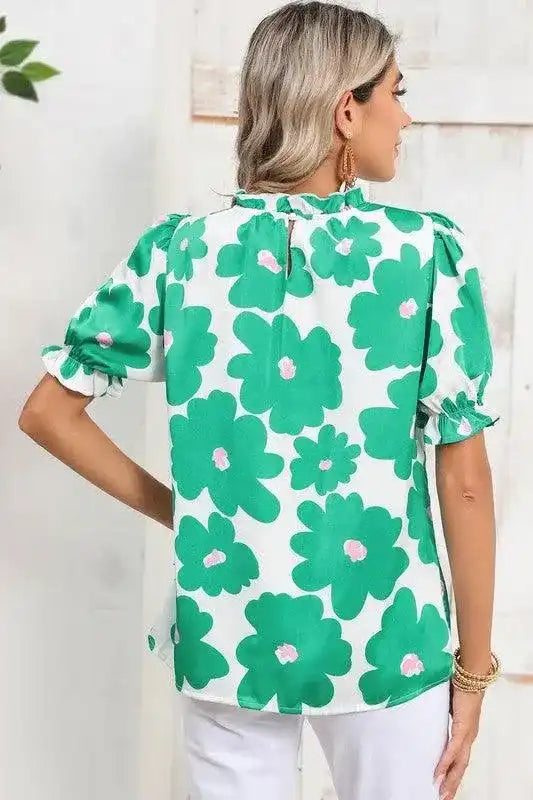 Floral Puff Sleeve Frill Neckline Blouse - Whatever You Like Shop