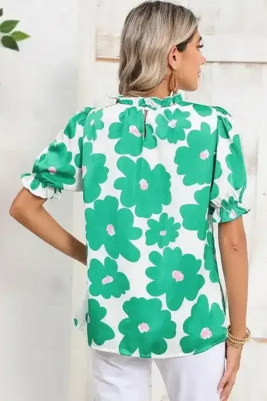 Floral Puff Sleeve Frill Neckline Blouse - Whatever You Like Shop