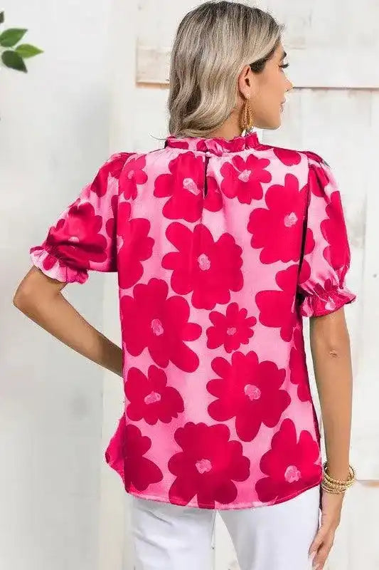 Floral Puff Sleeve Frill Neckline Blouse - Whatever You Like Shop