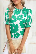 Floral Puff Sleeve Frill Neckline Blouse - Whatever You Like Shop