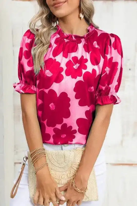 Floral Puff Sleeve Frill Neckline Blouse - Whatever You Like Shop