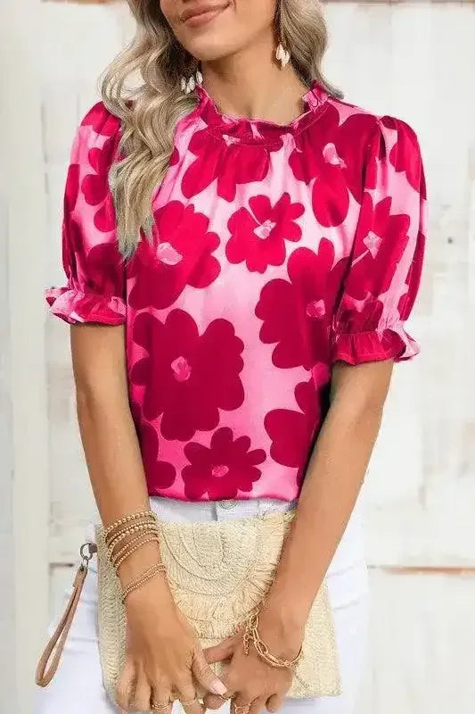 Floral Puff Sleeve Frill Neckline Blouse - Whatever You Like Shop