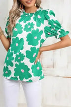Floral Puff Sleeve Frill Neckline Blouse - Whatever You Like Shop