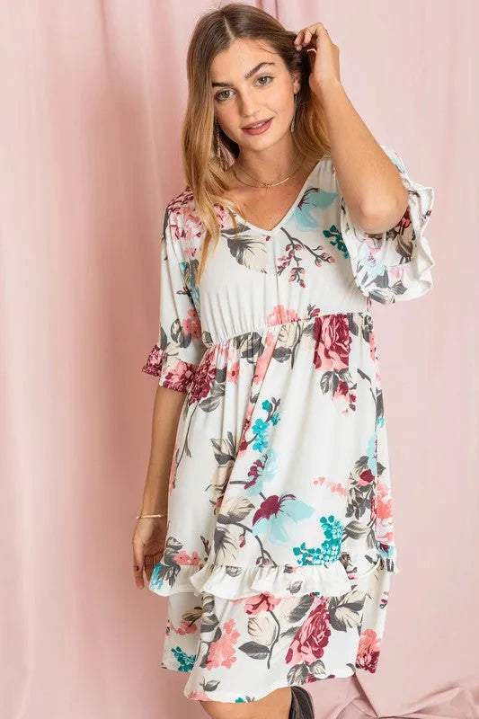 Floral V-Neck Ruffle Dress - Whatever You Like Shop