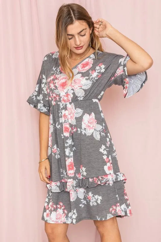 Floral V-Neck Ruffle Dress - Whatever You Like Shop