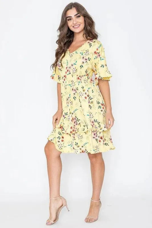 Floral V Neck Ruffle Dress - Whatever You Like Shop