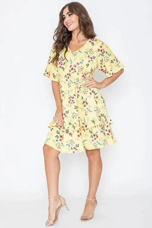 Floral V Neck Ruffle Dress - Whatever You Like Shop