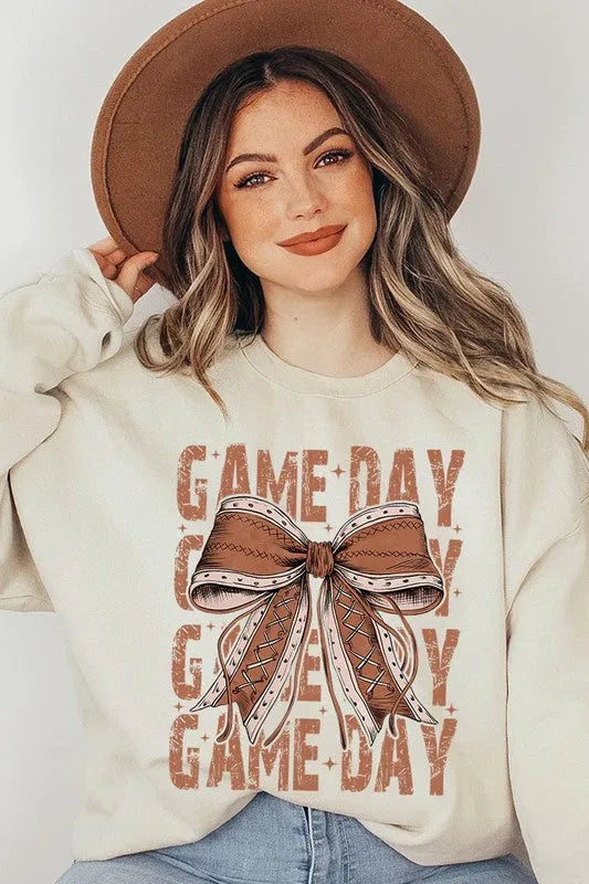 Game Day Football Bow Graphic Fleece Sweatshirts - Whatever You Like Shop