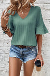 Grass Green Ruffled Half Sleeve V Neck Textured Top - Whatever You Like Shop