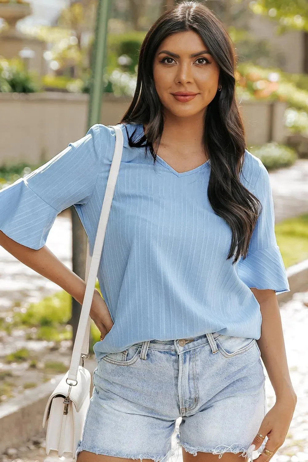 Grass Green Ruffled Half Sleeve V Neck Textured Top - Whatever You Like Shop