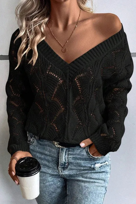 Hollow Out Knit V Neck Drop Shoulder Sweater - Whatever You Like Shop