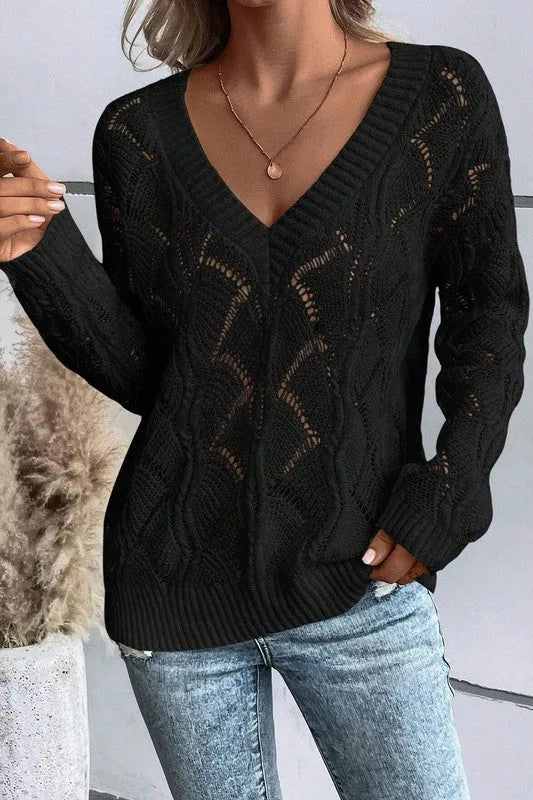 Hollow Out Knit V Neck Drop Shoulder Sweater - Whatever You Like Shop