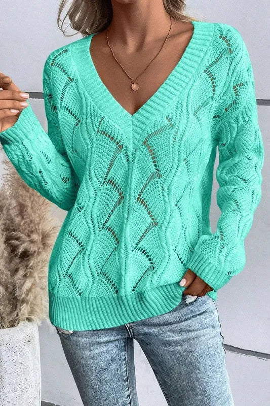 Hollow Out Knit V Neck Drop Shoulder Sweater - Whatever You Like Shop