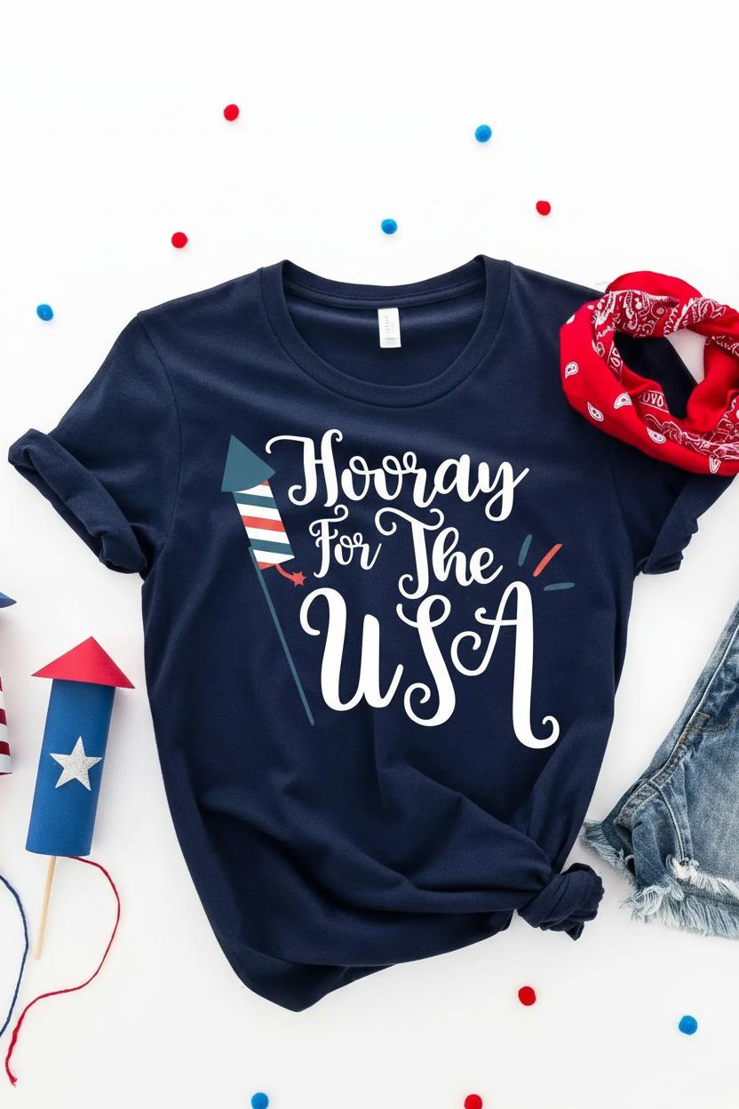 Navy blue t-shirt with 'Hooray For The USA' text, surrounded by red, white, and blue accessories on a white background.