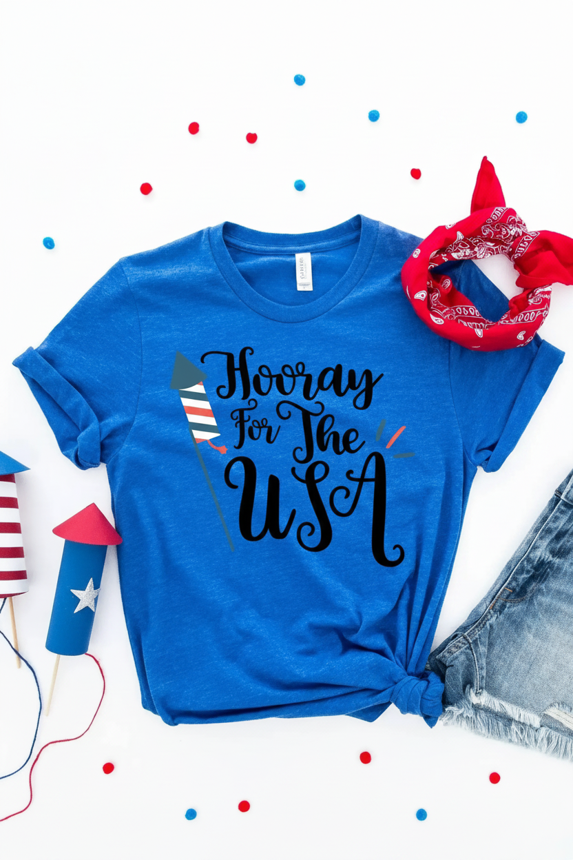 Blue t-shirt with 'Hooray for the USA' text, red bandana, and small American flag on a white background.