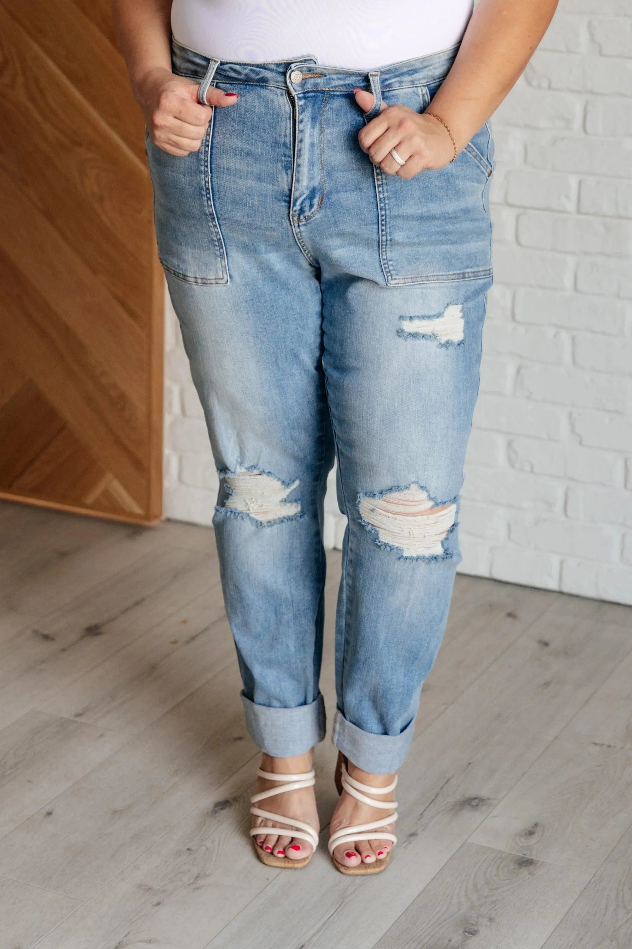 Judy Blue Denim Aiden High Rise Patch Pocket Distressed Boyfriend Jeans - Whatever You Like Shop