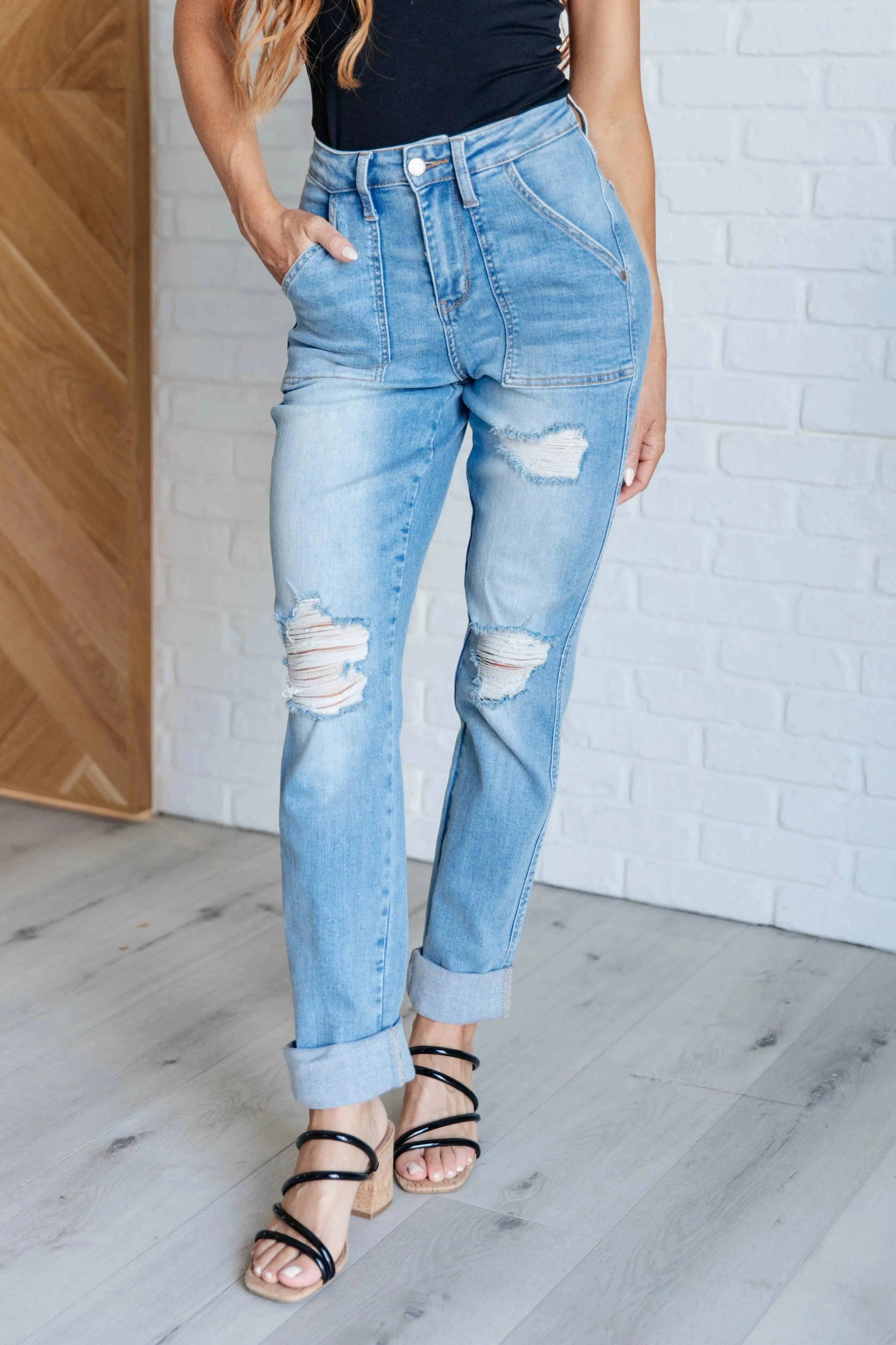 Judy Blue Denim Aiden High Rise Patch Pocket Distressed Boyfriend Jeans - Whatever You Like Shop