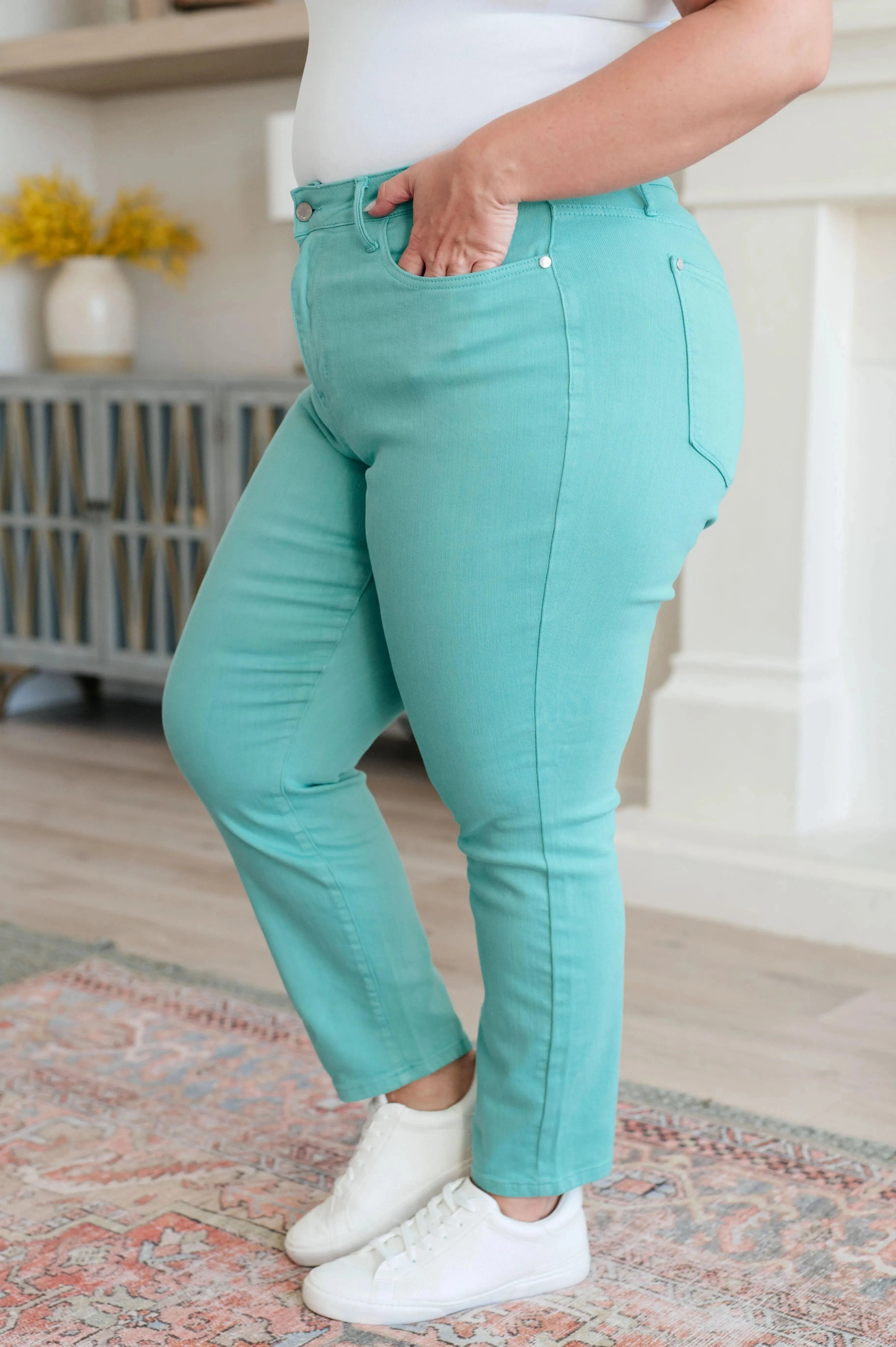 Judy Blue Denim Bridgette High Rise Garment Dyed Slim Jeans in Aquamarine - Whatever You Like Shop