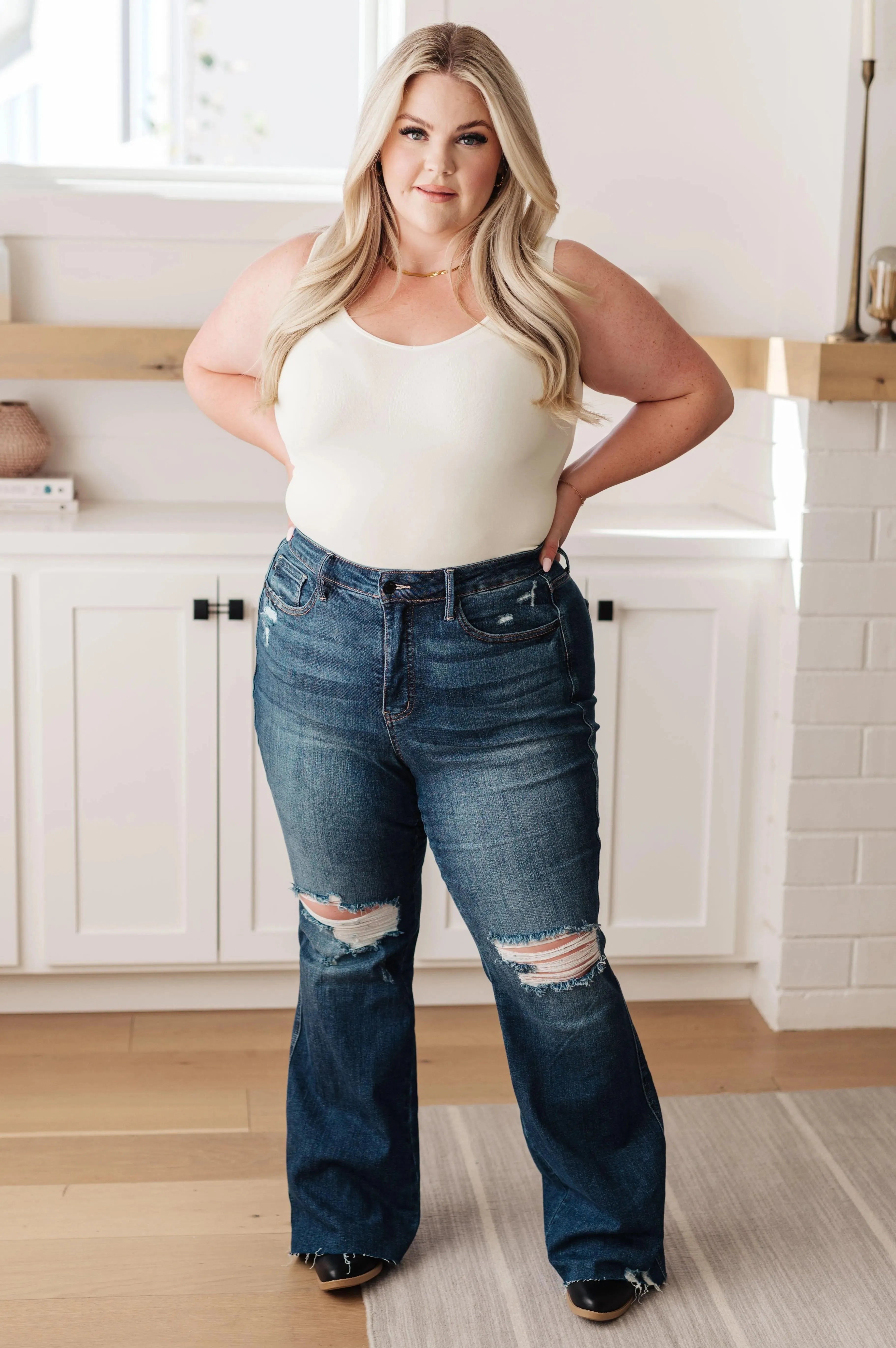 Judy Blue Denim Cassandra High Rise Control Top Distressed Flare Jeans - Whatever You Like Shop