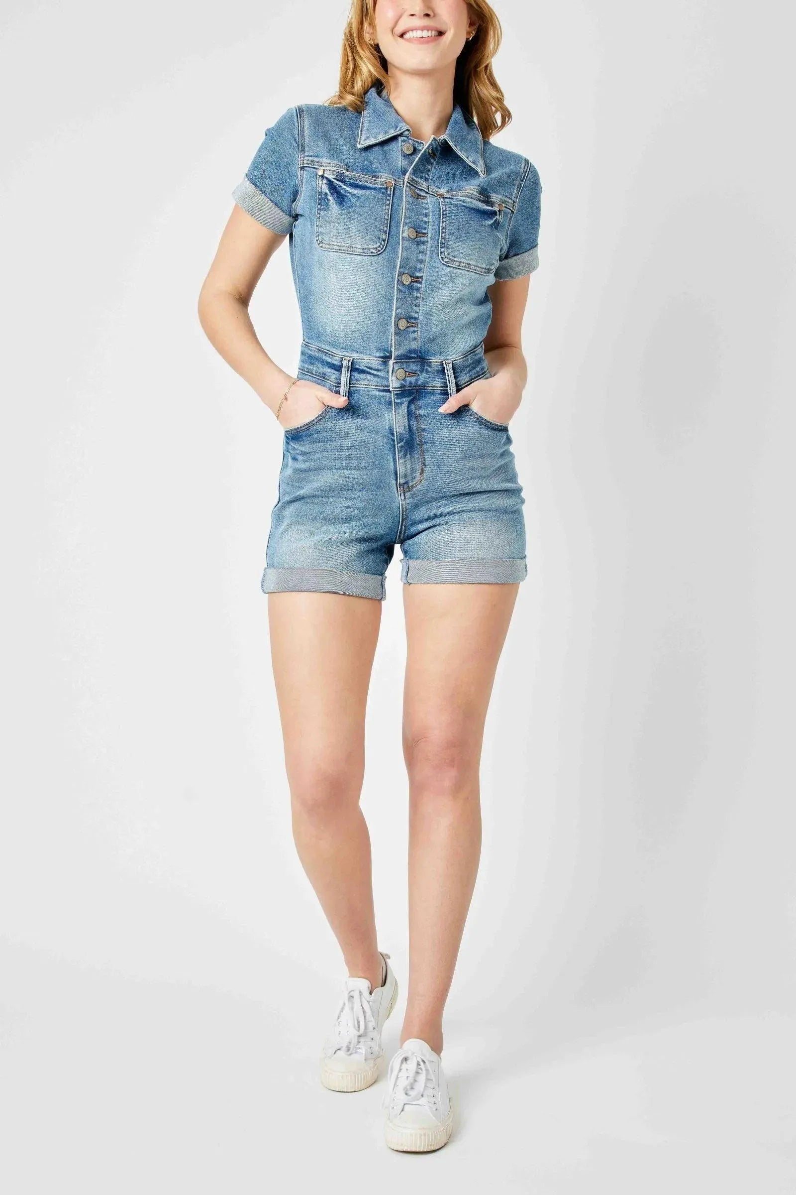 Judy Blue Denim Delia High Rise Short Sleeve Romper - Whatever You Like Shop