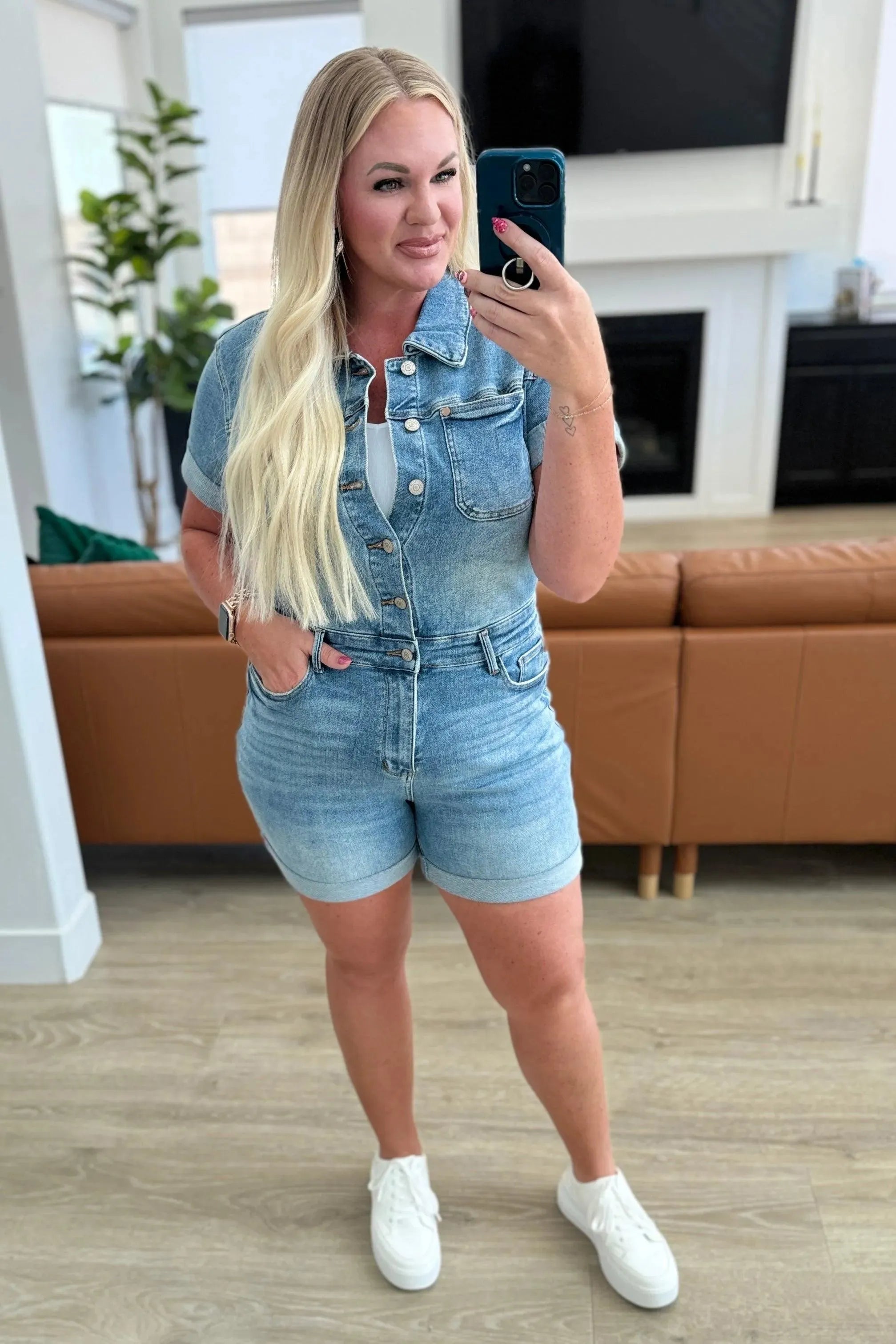 Judy Blue Denim Delia High Rise Short Sleeve Romper - Whatever You Like Shop