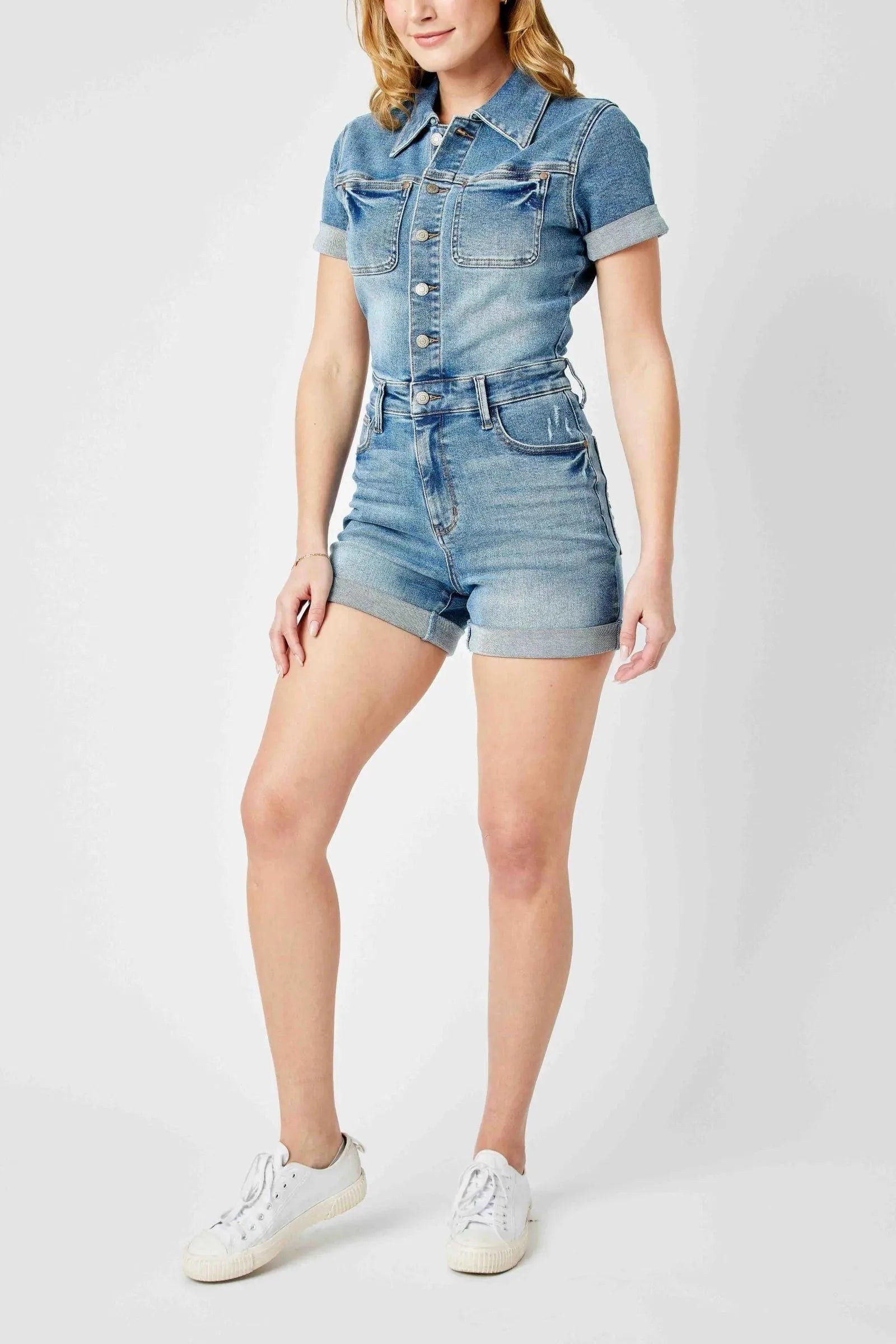 Judy Blue Denim Delia High Rise Short Sleeve Romper - Whatever You Like Shop