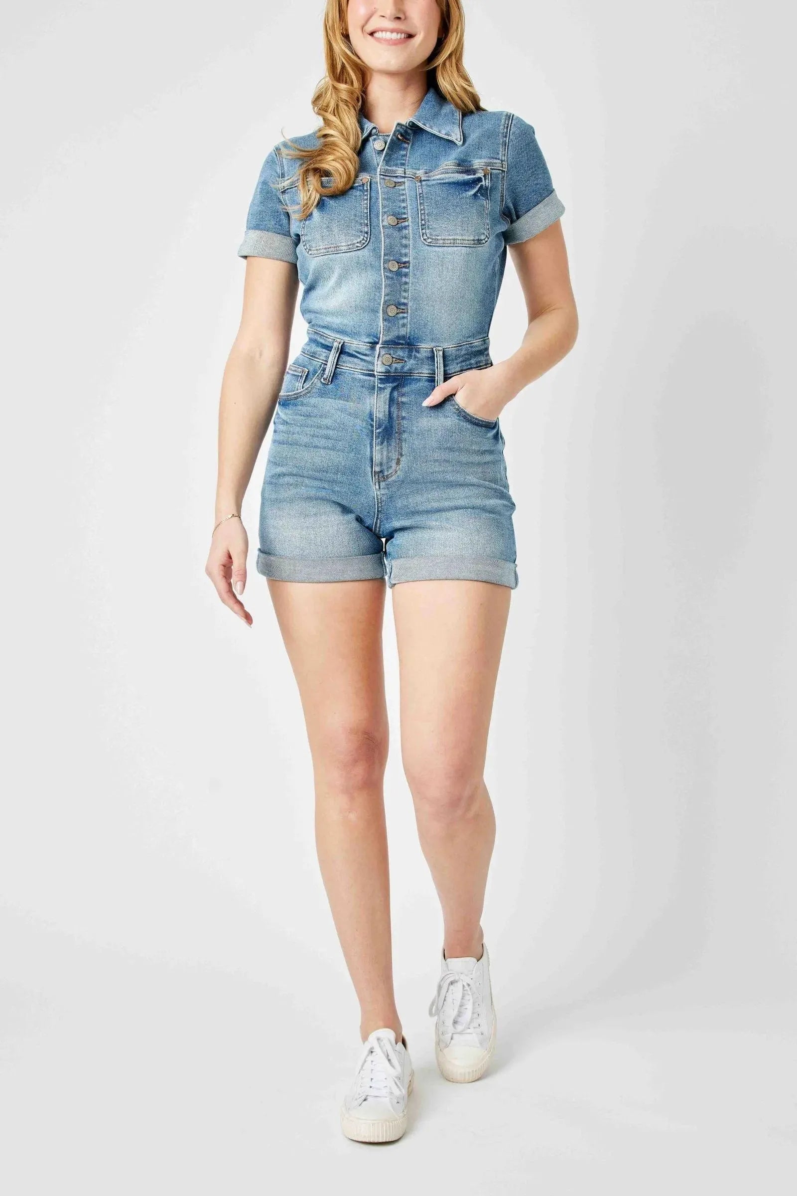 Judy Blue Denim Delia High Rise Short Sleeve Romper - Whatever You Like Shop