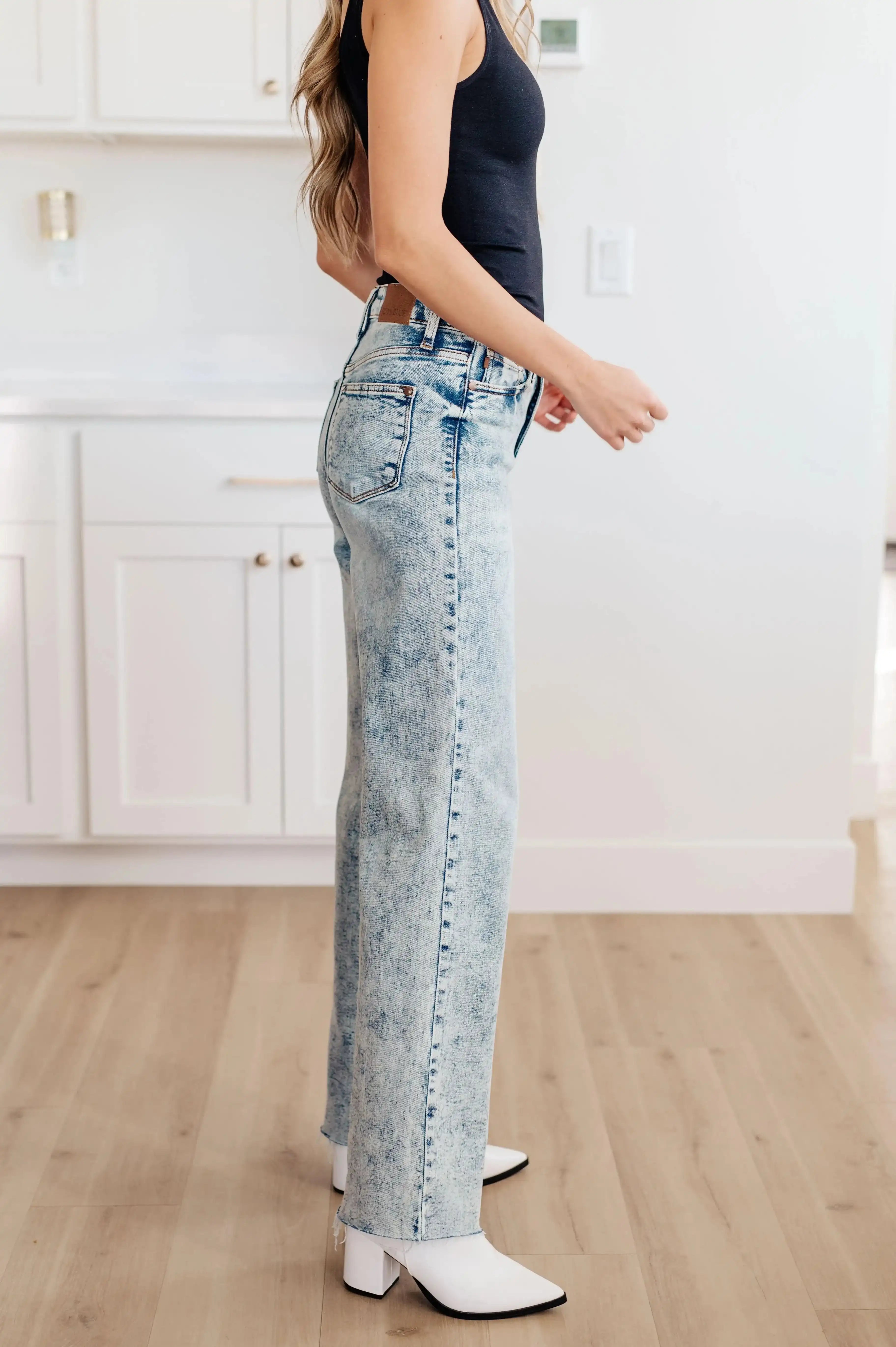 Judy Blue Denim Dory High Waist Mineral Wash Raw Hem Wide Leg Jeans - Whatever You Like Shop