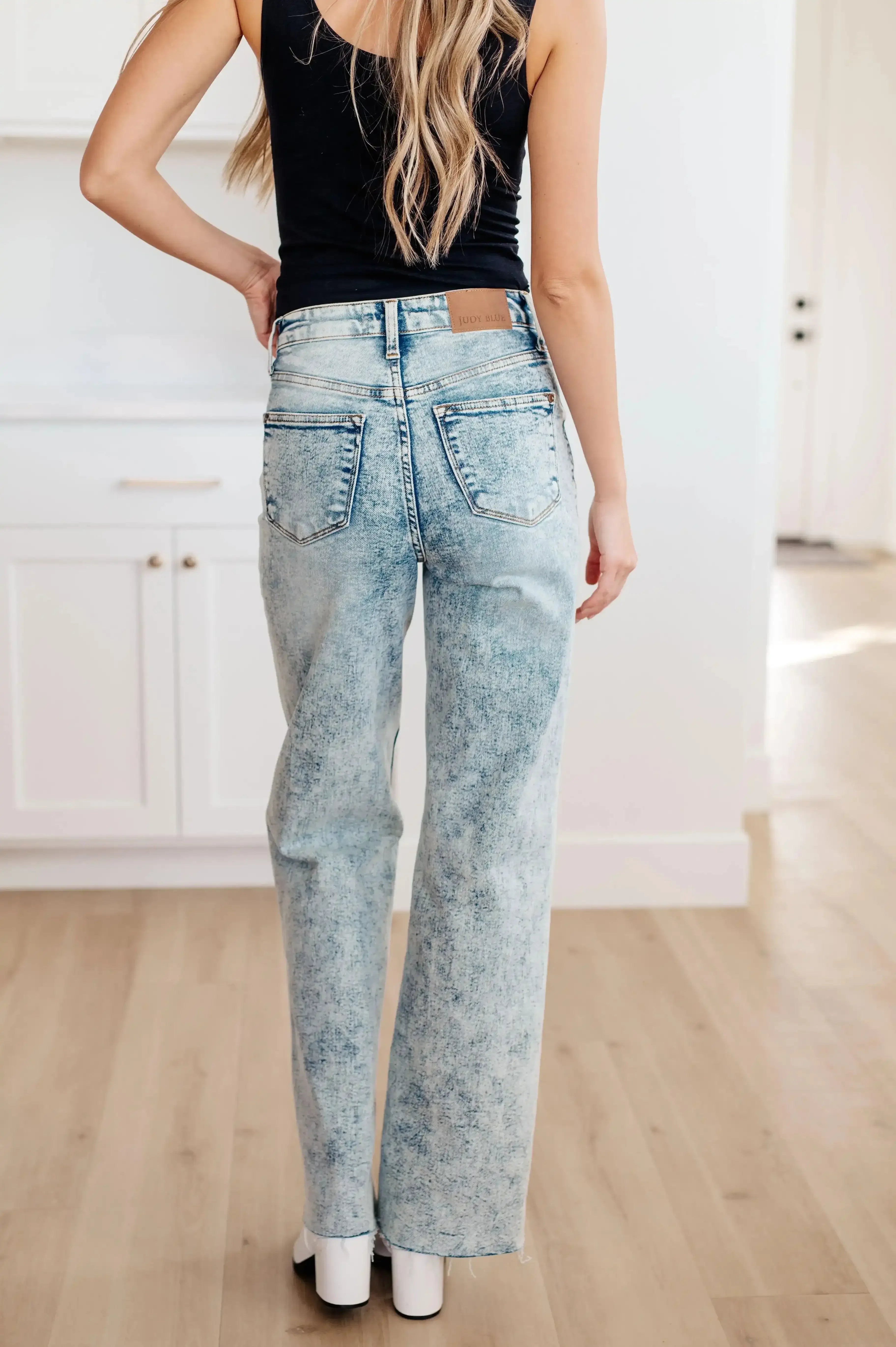 Judy Blue Denim Dory High Waist Mineral Wash Raw Hem Wide Leg Jeans - Whatever You Like Shop