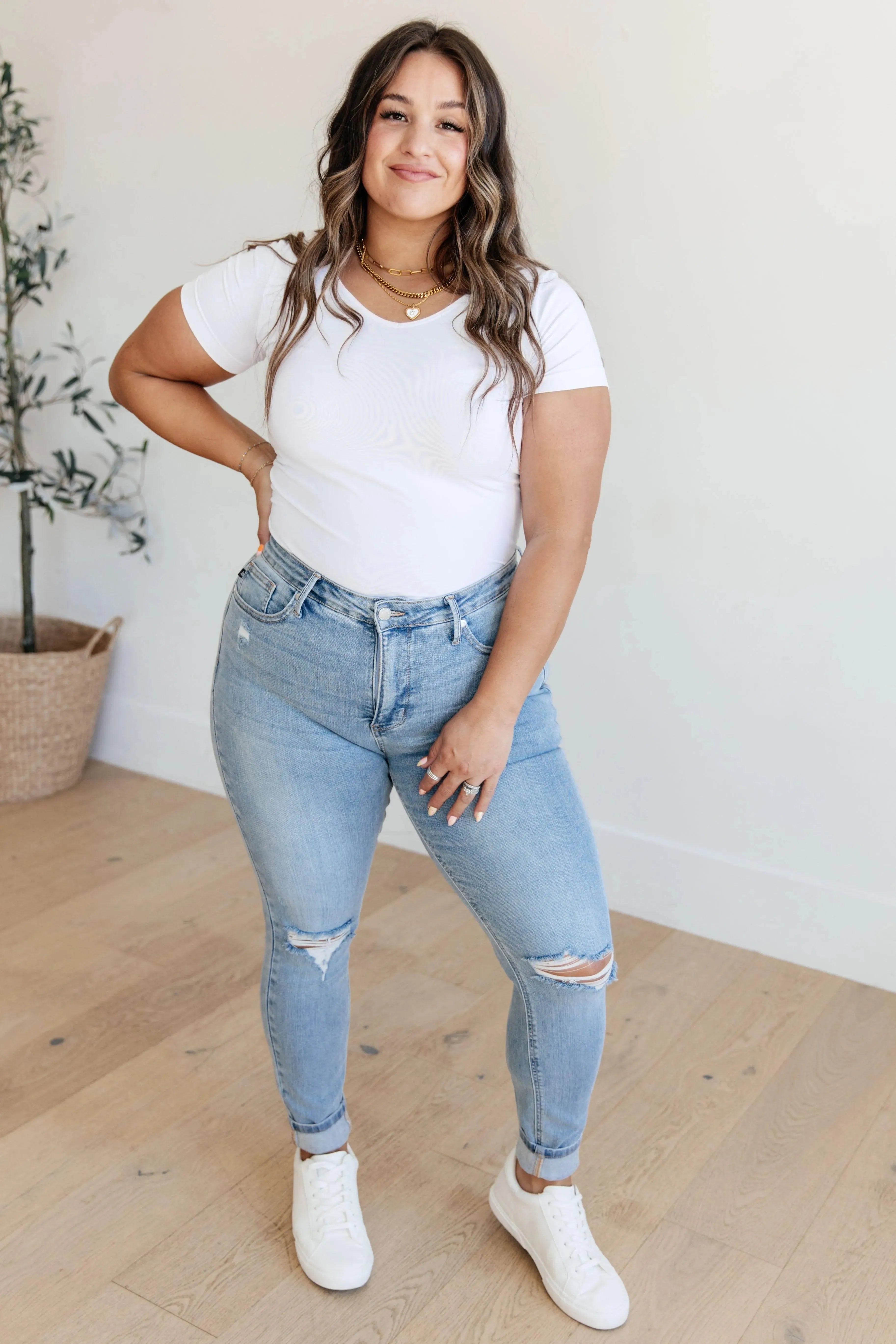 Judy Blue Denim Eloise Mid Rise Control Top Distressed Skinny Jeans - Whatever You Like Shop