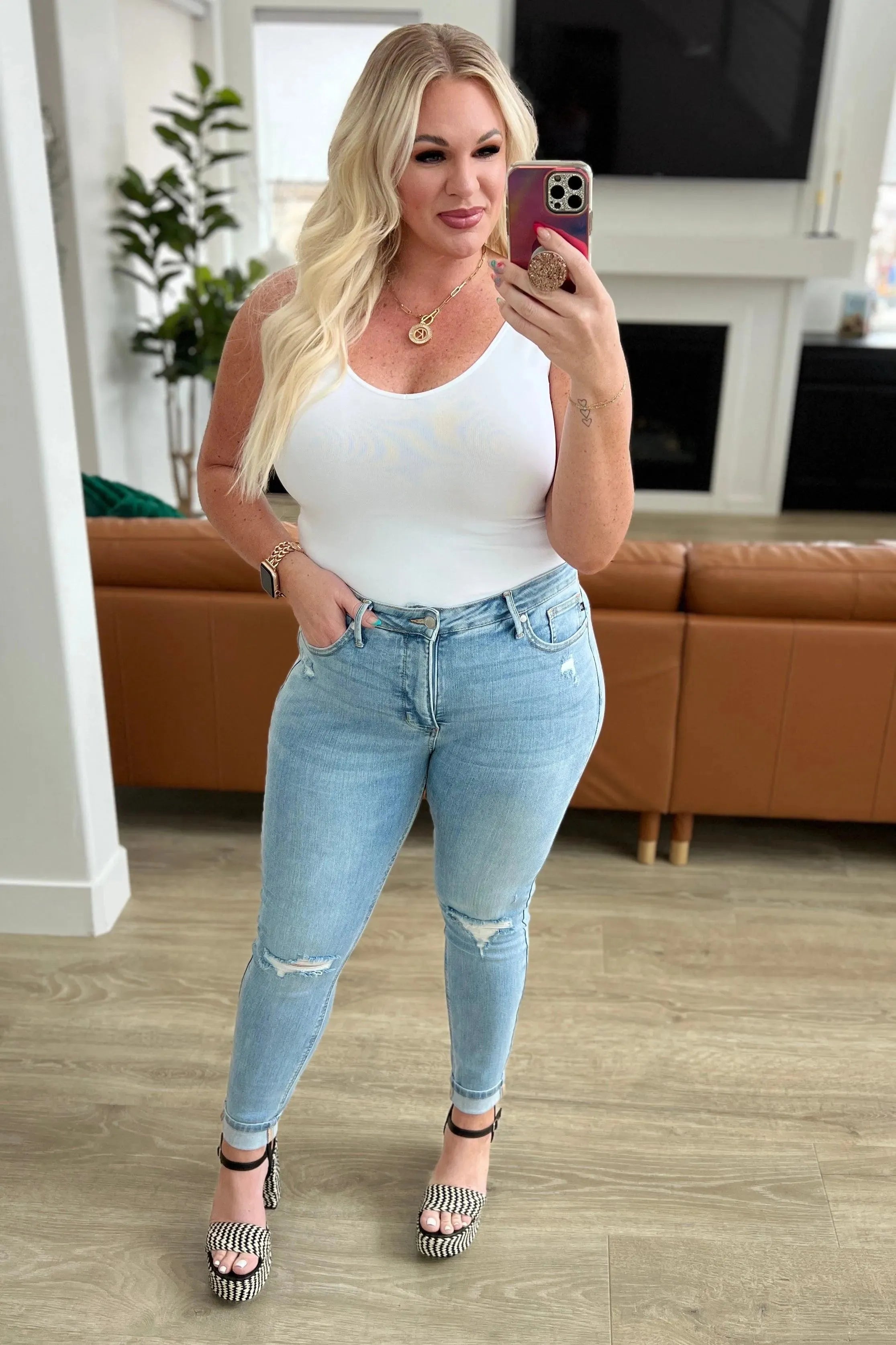 Judy Blue Denim Eloise Mid Rise Control Top Distressed Skinny Jeans - Whatever You Like Shop