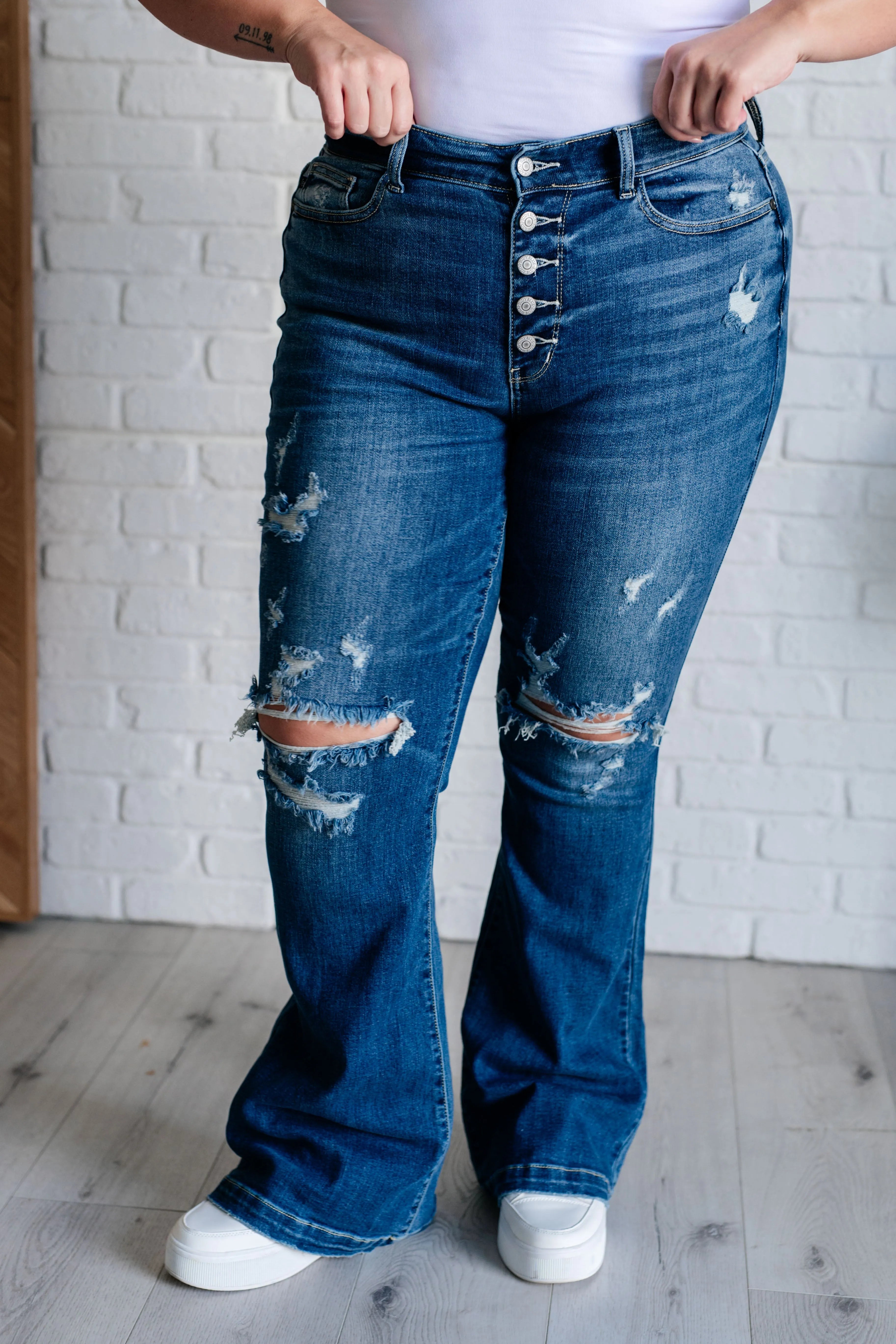 Judy Blue Denim Gabriella Mid Rise Distressed Button Fly Flare - Whatever You Like Shop