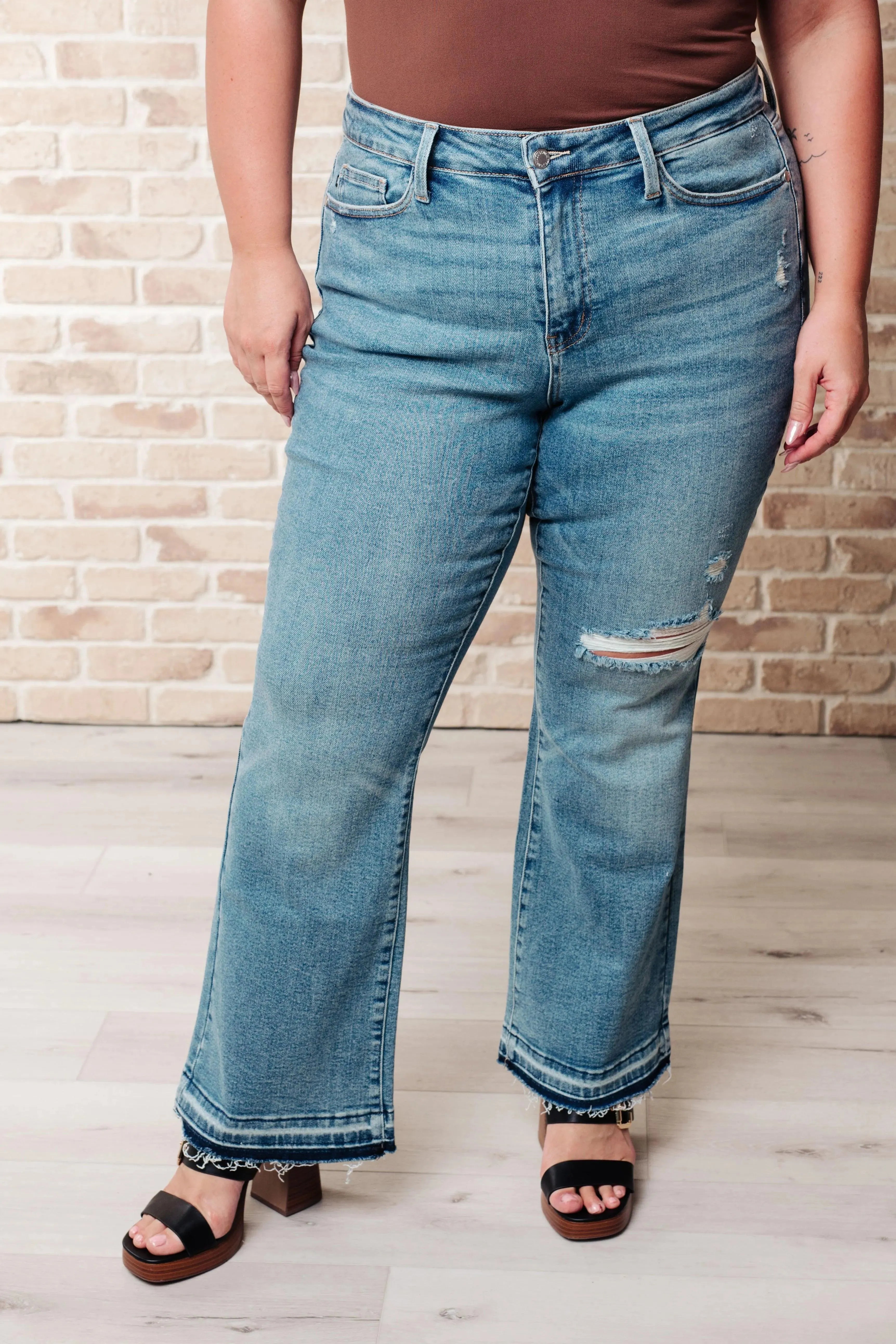 Judy Blue Denim Isla Mid Rise Distressed Released Hem Bootcut Jeans - Whatever You Like Shop