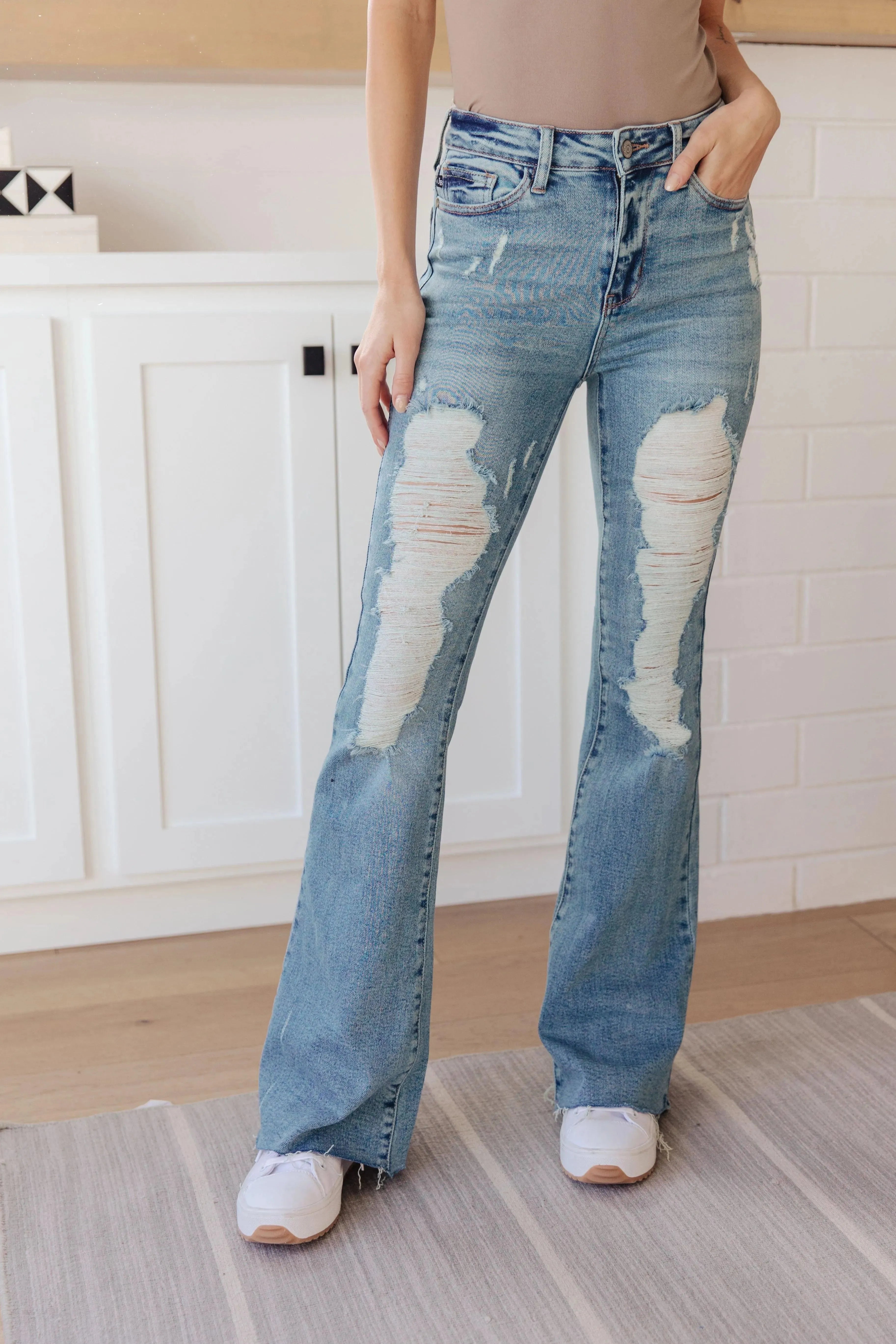 Judy Blue Denim Kiana High Rise Heavy Destroy Flare Jeans - Whatever You Like Shop