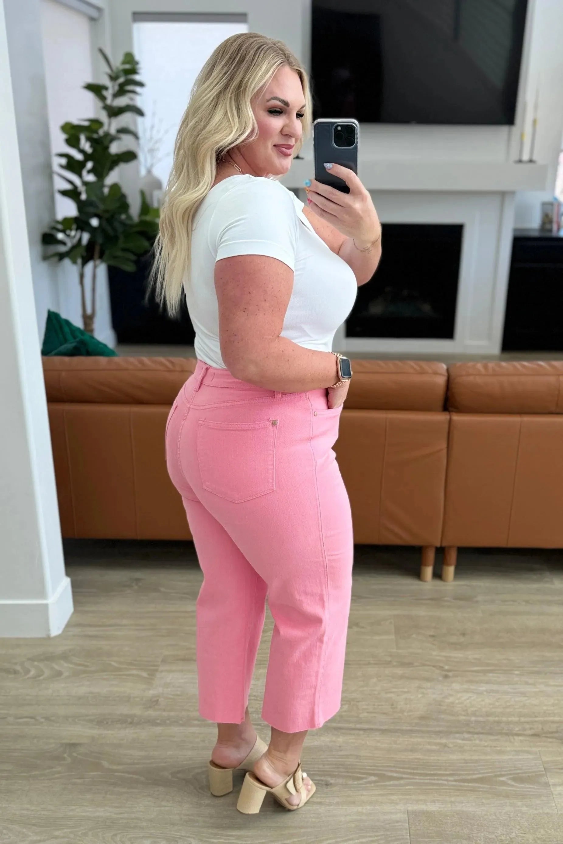 Judy Blue Denim Lisa High Rise Control Top Wide Leg Crop Jeans in Pink - Whatever You Like Shop