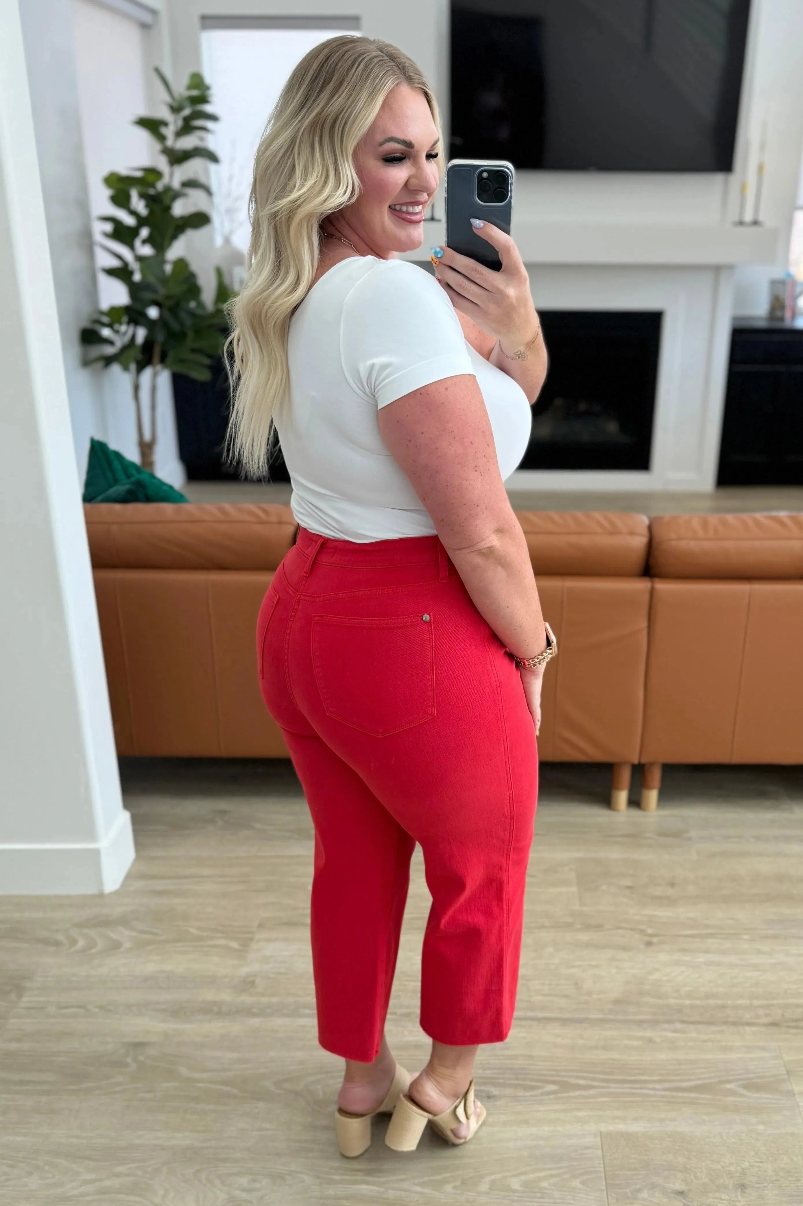 Judy Blue Denim Lisa High Rise Control Top Wide Leg Crop Jeans in Red - Whatever You Like Shop